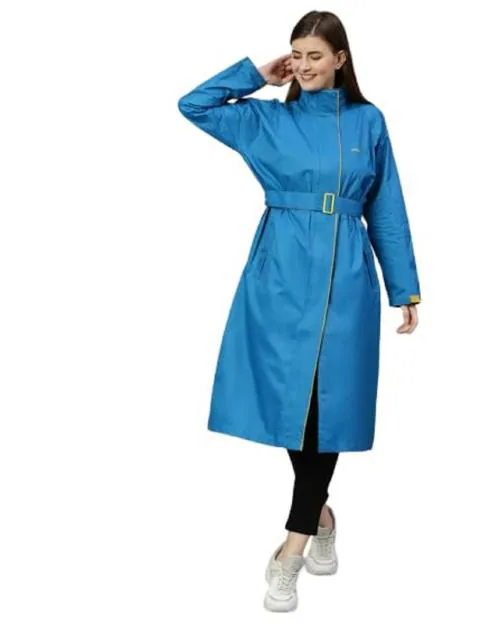 Tricky Shopper Ladies High Neck Raincoat Waterproof Long Raincoat with Belt (Sky Blue)