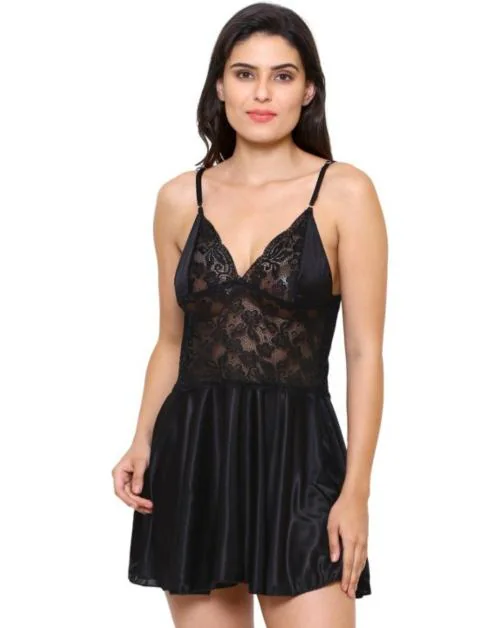 Klamotten Women Black Solid Satin Blend Babydoll Nighty