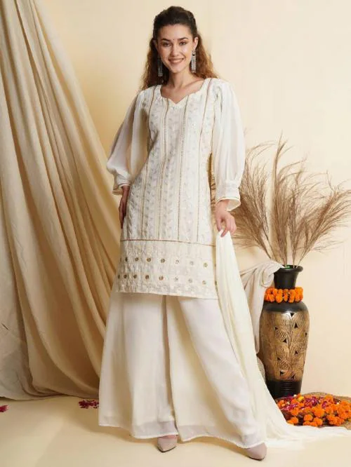 SANCIA SANCIA Women Georgette Kurta Sharara Set For Women & Girls | Ethnic Wear For Women | Indian Dress For Women | Kurta Set With Dupatta | Floral Embroidered Kurta (White) (XL)