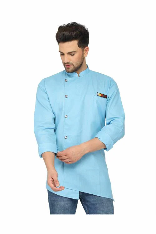 VOLRIX Men's Sky Blue Short Kurta Pure Cotton, Designer Kurta, Stylish Kurta, Cut Kurta for Men