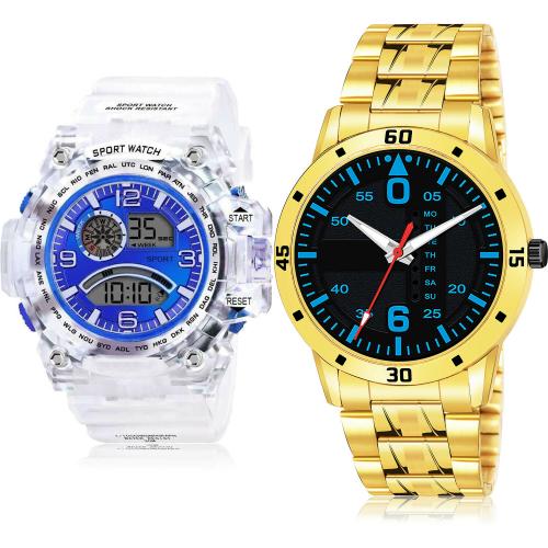 GROOT Brand New Collection Transparent Army Sports And Gold Chain White And Gold Colour Analog And Digital Plastic And Stainless Steel Belt 2 Watch Combo For Boys And Men - BC32-(24-S-21)