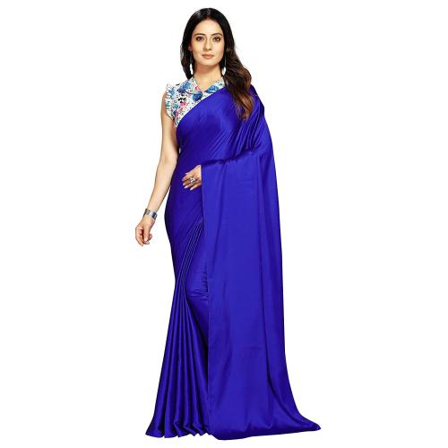 Anant Designer Studio Women Royal Blue Plain Satin Silk Saree With Digital Printed Designer Blouse Piece