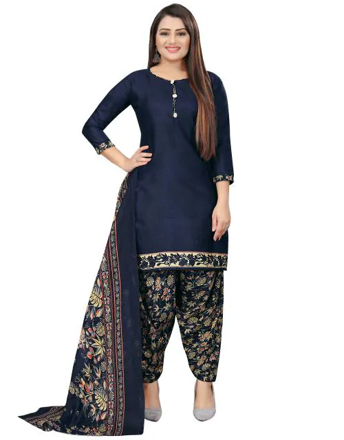 Rajnandini Women's Navy Blue Cotton Printed Unstitched Salwar Suit Material
