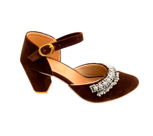 Red Heels Women Pointed Brown Velvet Ethic Block Heels Sandals For Women and Girls For Wedding & Party Ocassions With 3 inch Heels Height