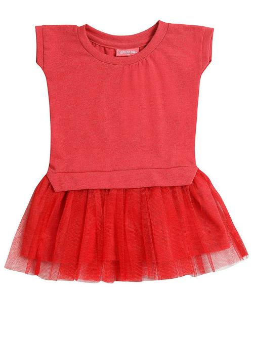 Revibe Girl Red Cotton Self Design Frock