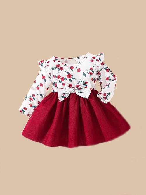 Netra Creation Baby Printed Ruffle Trim Bow Midi/Knee Length Full Sleeve Infant Casual Baby Girls Party Dress