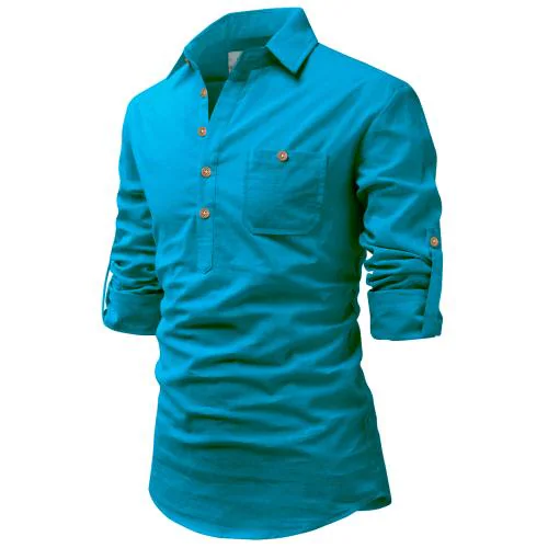 Vida Loca Cotton Turquoise Color Full Sleeve Casual Spread Collor Slim Fit Short Kurta For Men and Boys