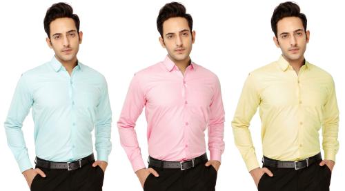 Kundan Light Green, Pink, Yellow Cotton Blend Solid Men Pack of 3 Formal Shirts