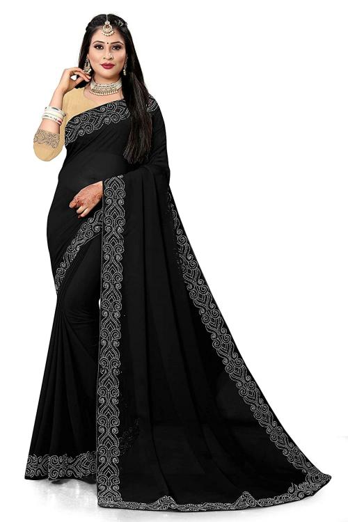 VISWAMUNGI Women Black Georgette Sarees with Blouse Piece (Free Size)