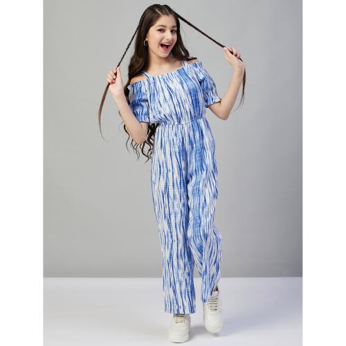 StyloBug Girls Blue Rayon Slip-On Tie & Dye Casual Jumpsuit