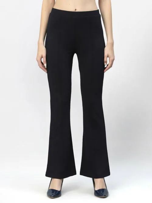 Popwings Women Casual Regular Fit Navy Blue Solid Midrise Trouser | Women Trouser | Solid Design Trouser | Regular Wear Trouser Women | Bootcut Trouser | Western Wear Trouser