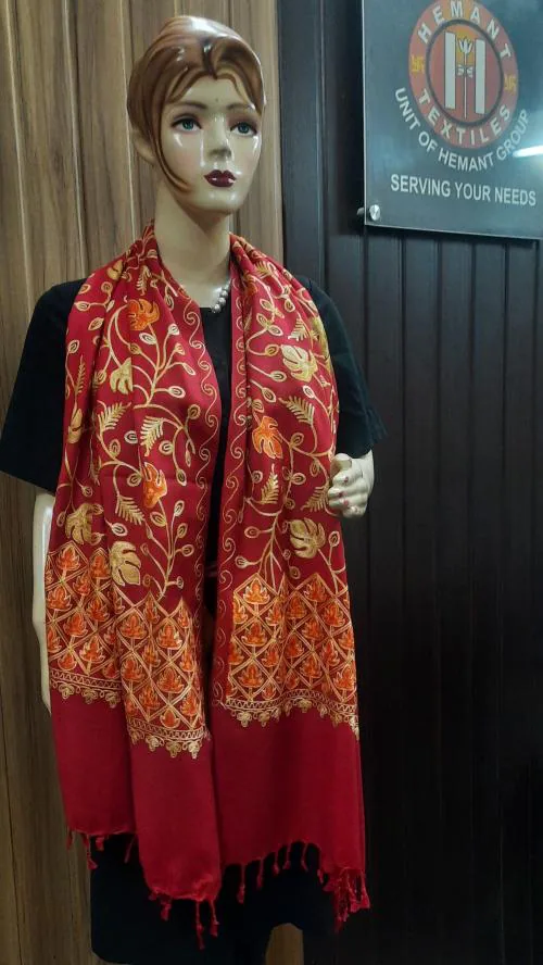Embroidered kashmiri stole by Allure motifs, unisex stole , ethnic shawl, multicolor stole, red color stole