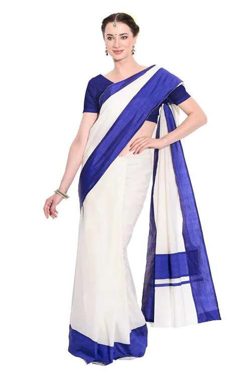 Fashionkiosks Women Cotton Kerala Kasavu Saree With Blouse Piece