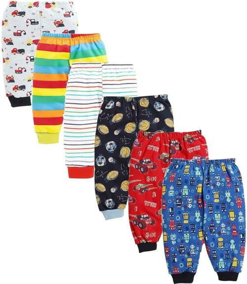 POOJA BABY Boys and Girls Blue Printed Cotton Blend pack of 6 Track Pant, (9 to 12 Months)