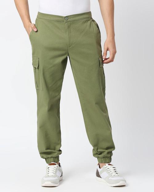 Thomas Scott Men Olive Cotton, Lycra Slim Fit Flat-Front Cargo Pants (34)