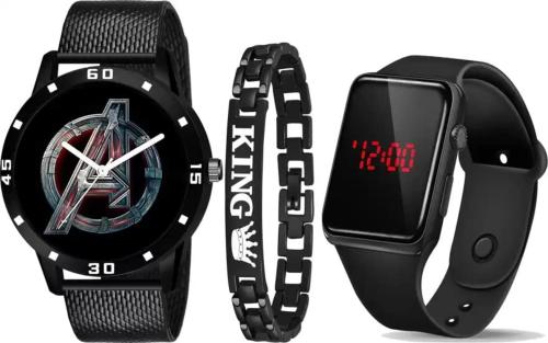 Acnos Analog And Digital Black Dial Black Strap 4 Dial Led Watch And Bracelet Combo For Men, Boys And Kids Pack Of 3
