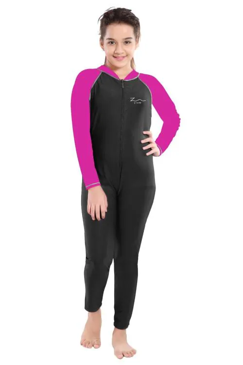 ZIUM Girls 4 Way Lycra Swimsuit Cum Diving Suit with Print & Plain Options Black Pink