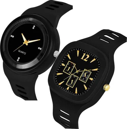 Rozti Analog Black Dial Black Strap Watch for Boys and Girls (Pack of 2)