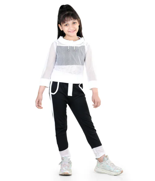 Hauppers Girls Black Net Top With Hoodie jacket & Pant - 10-11 Years