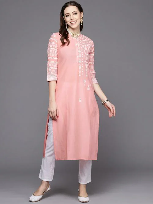 KSUT(House of Varanga) Women Peach-Coloured & White Ethnic Motifs Yoke Design Kurta