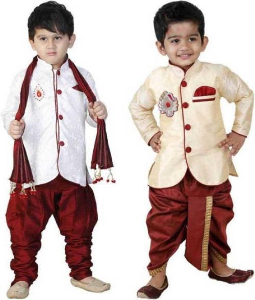 Covetus Boys Multicolor Solid Art Silk Set Of 2 Wedding Kurta With Dhoti Pant And Dupatta Set (4-5 Years)