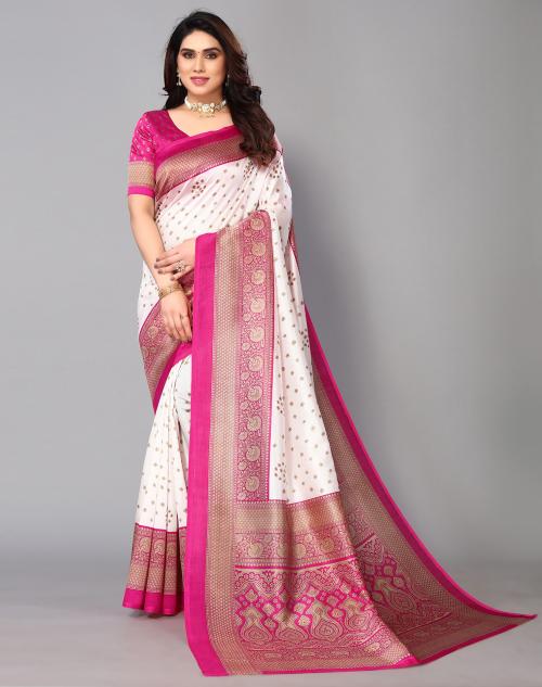 Siril Poly Silk White & Beige Color Saree With Blouse Piece | sarees for Women| saree | sarees