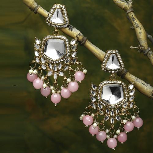 ZENEME Gold-Plated Kundan & Pink Pearls studded Classic Mirror Drop Earrings