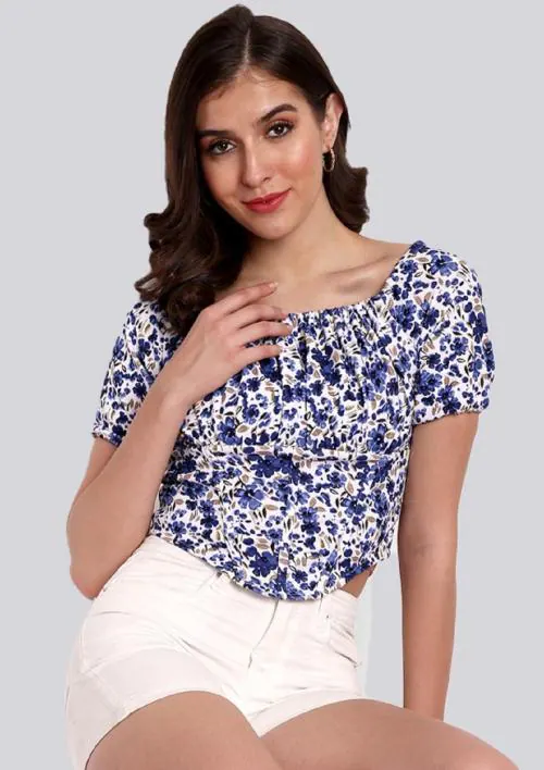 Elyraa Blue Printed Polyester Women's Tops