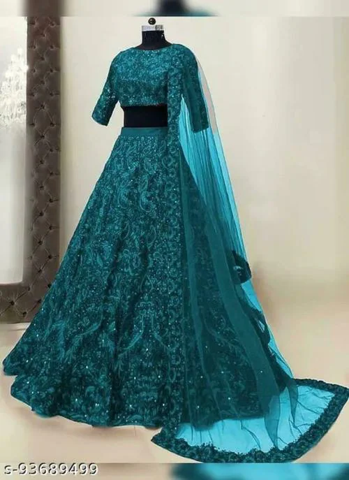 ROKKLIKE Women Firozi Embellished Satin Semi Stitched Lehenga Choli, Free size