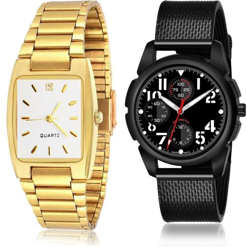 TIMENTER Treading Exclusive Chain Gold And Black Colour Analog Stainless Steel And Plastic Belt 2 Watch Combo For Boys And Men - BRM5-(51-S-10)