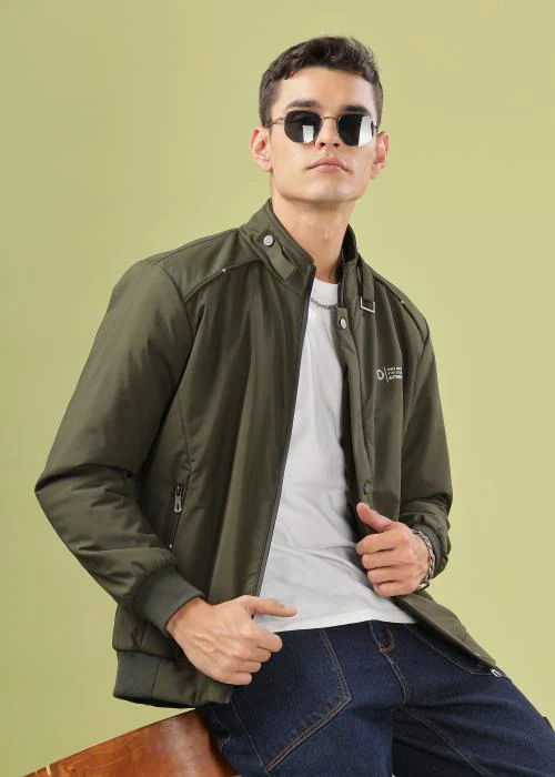 Dollar Casual Solid Bomber Jacket For Men In Olive Green Color