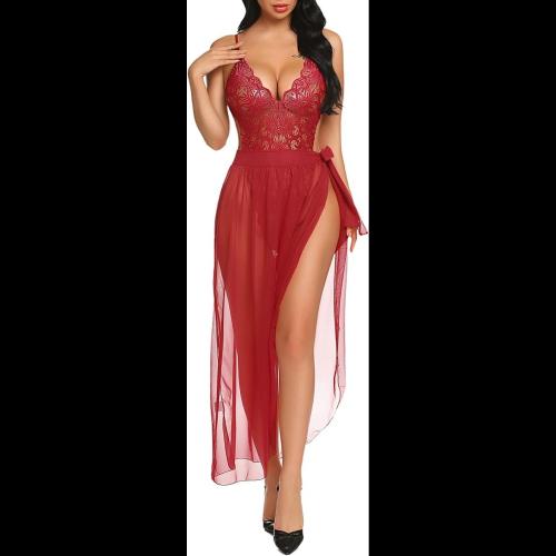 SKMODEL STYLISH Women One Piece Lingerie Deep V Lace Bodysuit Mosaic Lace Teddy Mesh Skirt