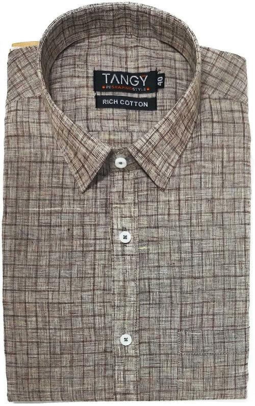TANGY Mens Light Brown Checkered Casual Shirt, XXL