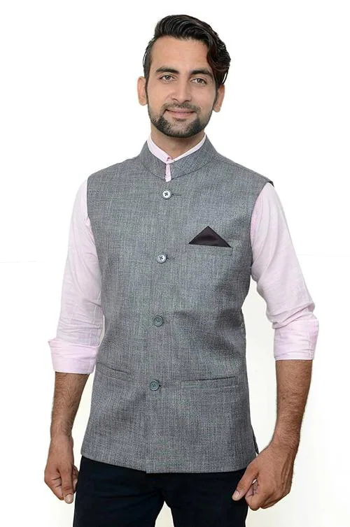Oora Men Silver, Light Grey Cotton Blend Nehru And Modi Jacket