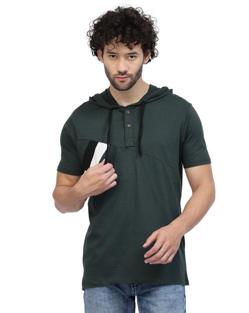 Kalt Men Bottle Green Black Colour Block Cotton Blend Hoodie T-Shirt