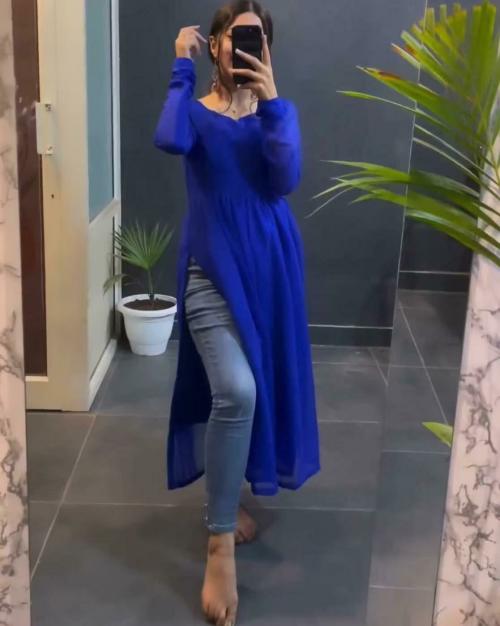 PuriMaa Georgette Blue Sweetheart-Neck Flared Kurta with Side Slit