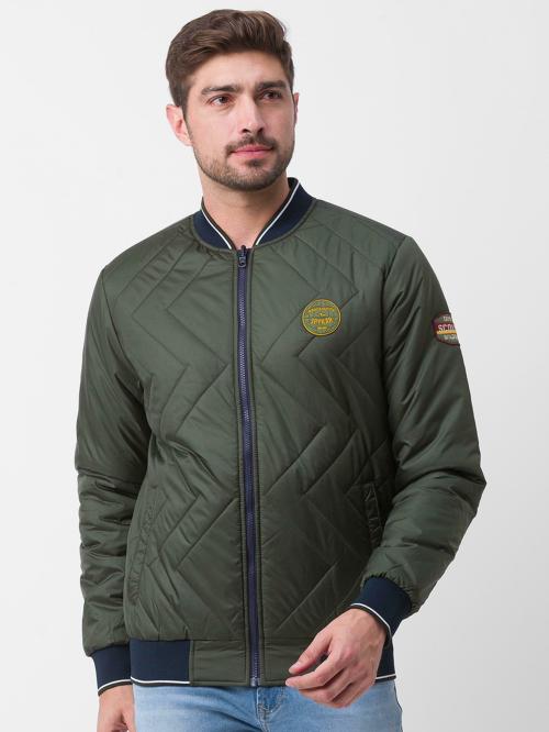 Spykar Olive Green Navy Blue Polyester Full Sleeve Casual Jacket For Men