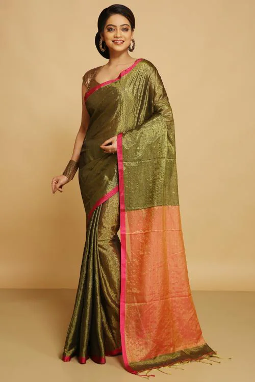 Abrita Saree Handloom Dual Tone Tisu Anchal Saree (Deep Green And Red)