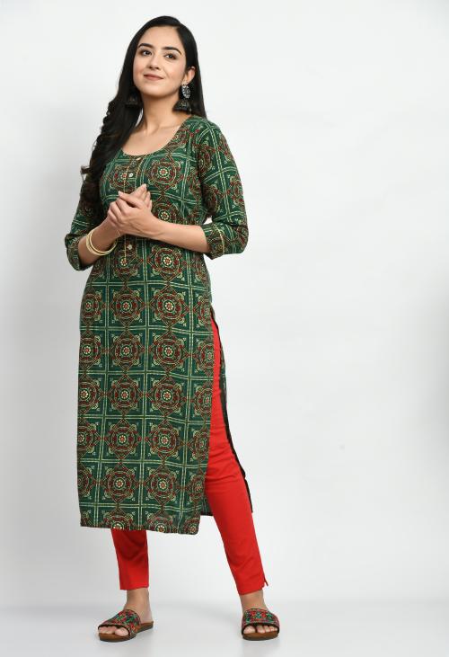 MAURYA Women's Green Color Printed A line Calf Length Kurta (XXL)