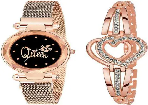 Mr.Mandaviya Fashions Hub Queen Magnet Analog Black Dial Gold Strap Watch and Heart Bracelet for Girls