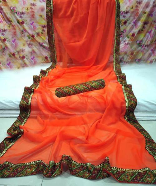 Sareez House Women Orange Self Design Georgette Assam Silk Saree