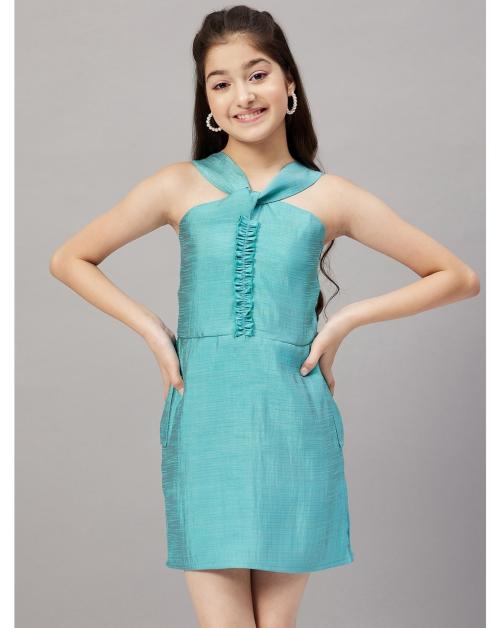Stylo Bug Girl's Solid Solid Halter Neck Sleeveless Above Knee A Line Party Wear Dress -Blue