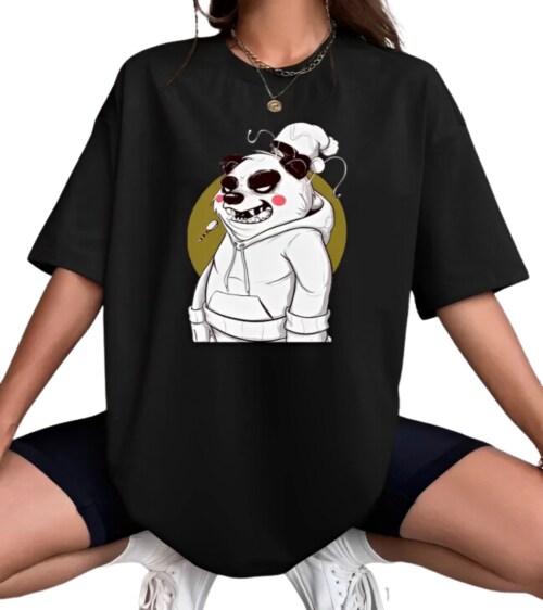 Calm Down Round Neck Printed Oversized WPanda T-shirt For Women- 3/4-WOMEN-BLACK-WPANDA-XXL