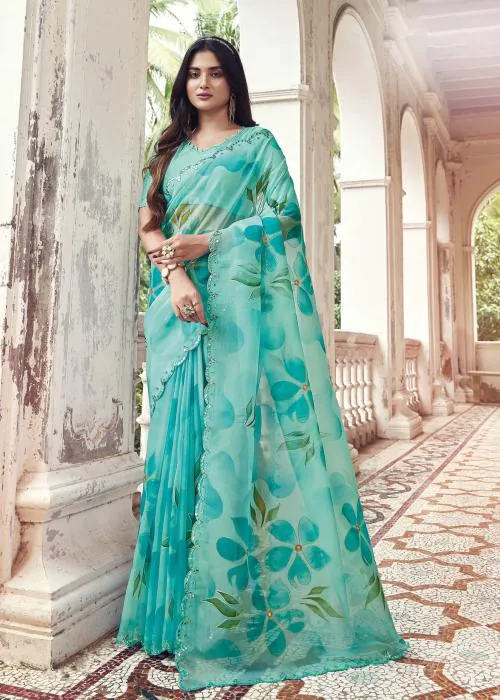 Nupur Collection Women Sky Blue Floral Hand Printed Organza Saree with Cutwork Embellish Border