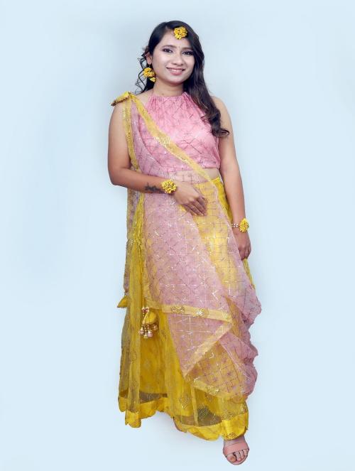 Weavers Saga Womens Net Lehenga, Choli (Stitched-Halter Neck Backless Sleevless Blouse) & Dupatta, Womens Lehenga Choli Set Perfect For Wedding Haldi Look, Wedding, Festivals- Yellow & Pink (Pack Of 1)-S