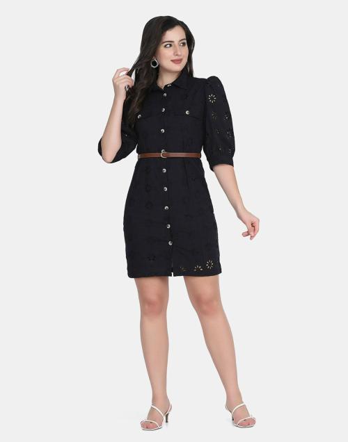 Parory Women Black Woven Cotton Dress (S)