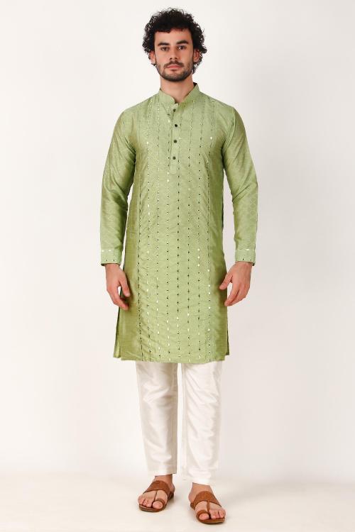 Koshin Men's Art Silk Mirror Work Embroidery Kurta & Pyjama in White & Pista For Festive & Wedding