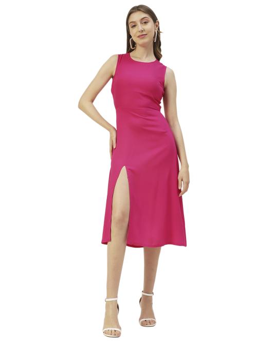 Moomaya Solid Stylish Back Dress, Front Slit Calf Length Dresses For Women