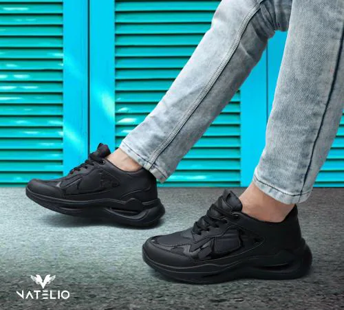 Vatelio Men's Black Mesh Lace-Up Casual Sports-Shoes