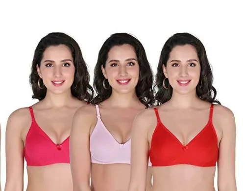 SCTC Women and Girls Baby Pink, Dark Pink, Red 100 Percentage Cotton Wire Free Non-Padded Full Coverage pack of 3 T-Shirt Bra (Size 36B)